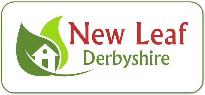 Logo of New Leaf Derbyshire featuring a house and green leaves
